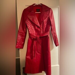 Red Genuine Leather Women’s Vintage Belted Mid-Length Coat XXS